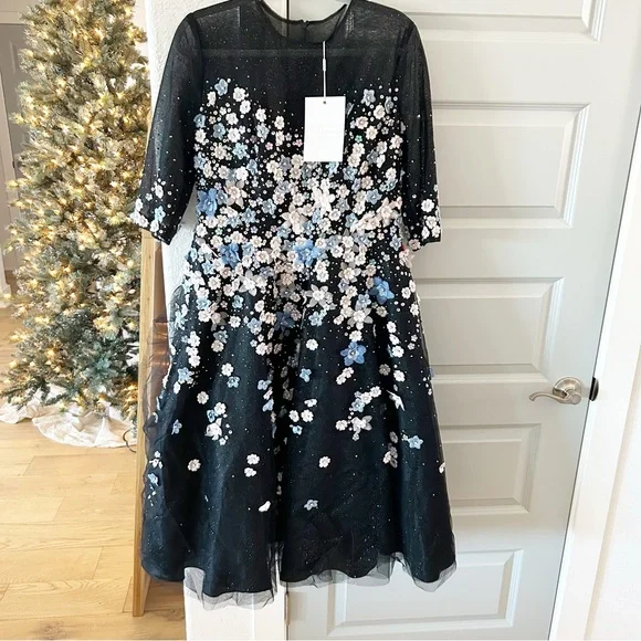 NWT Mac Duggal 11161 Floral Embroidered A Line Tea Length Dress - Picture 3 of 7